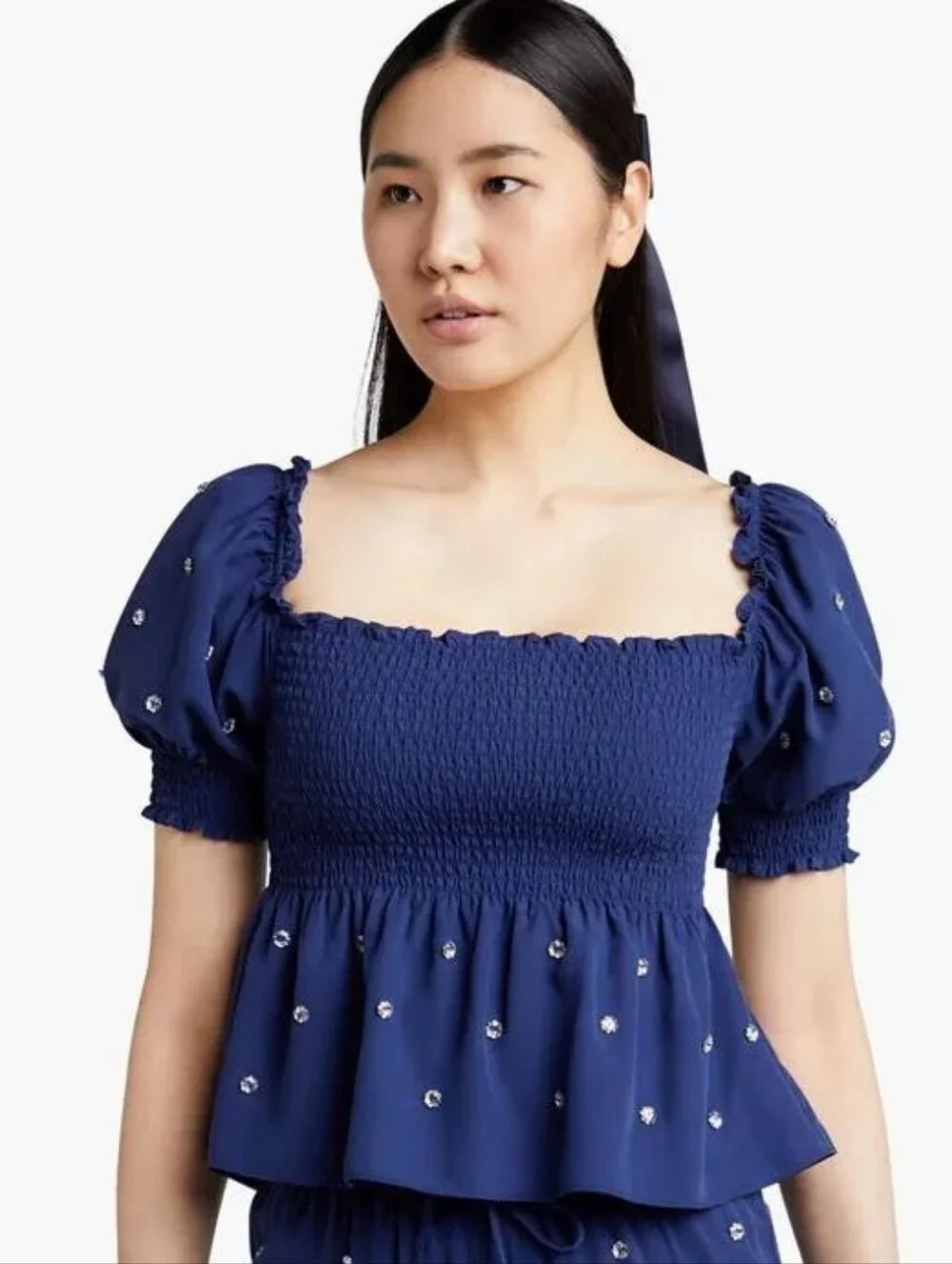 Hill House Smocked Bejeweled Rhinestone Navy Crop Top Size Medium